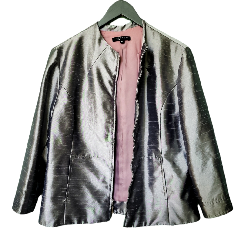 Vintage Regine New York Silver Gray Full Zip Dressy Suit Jacket Blazer size 12